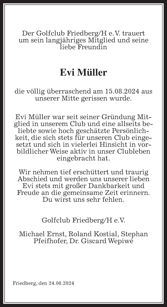 Traueranzeige von Evi Müller von Wetterauer Zeitung