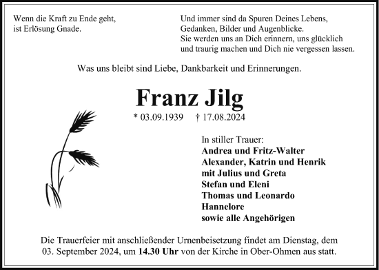 Traueranzeige von Franz Jilg von Mücker Stimme, Giessener Allgemeine, Alsfelder Allgemeine