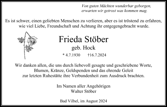 Traueranzeige von Frieda Stöber von Bad Vilbel/Karben