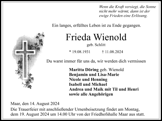 Traueranzeige von Frieda Wienold von Lauterbacher Anzeiger