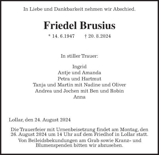 Traueranzeige von Friedel Brusius von Giessener Allgemeine, Alsfelder Allgemeine