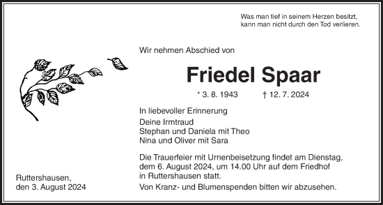 Traueranzeige von Friedel Spaar von Giessener Allgemeine, Alsfelder Allgemeine