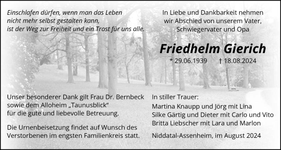 Traueranzeige von Friedhelm Gierich von Wetterauer Zeitung
