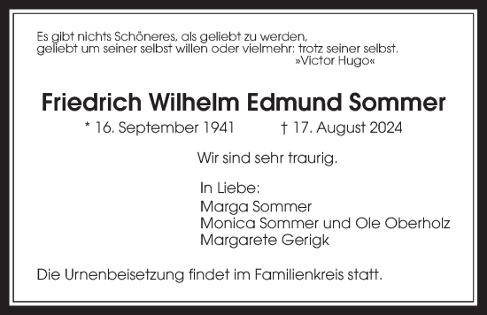Traueranzeige von Friedrich Wilhelm Edmund Sommer von Wetterauer Zeitung
