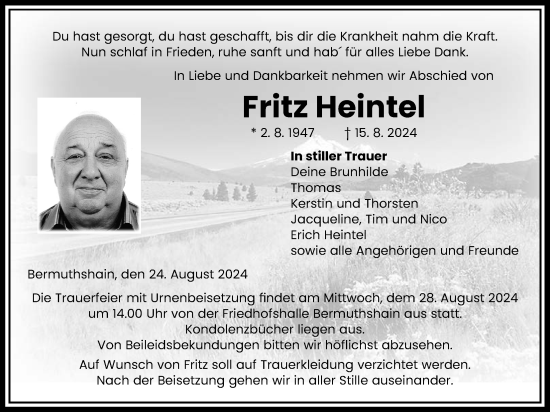 Traueranzeige von Fritz Heintel von Lauterbacher Anzeiger