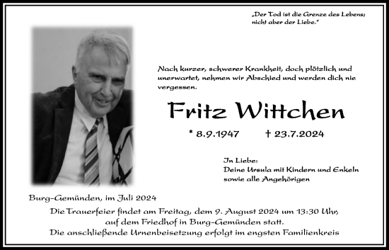 Traueranzeige von Fritz Wittchen von Giessener Allgemeine, Alsfelder Allgemeine