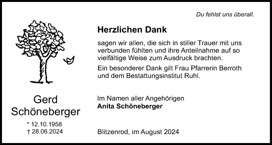 Traueranzeige von Gerd Schöneberger von Lauterbacher Anzeiger