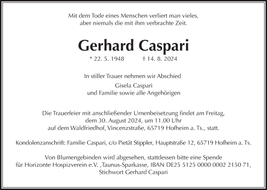 Traueranzeige von Gerhard Caspari 