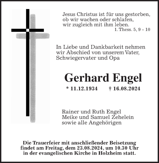 Traueranzeige von Gerhard Engel von Giessener Allgemeine, Alsfelder Allgemeine