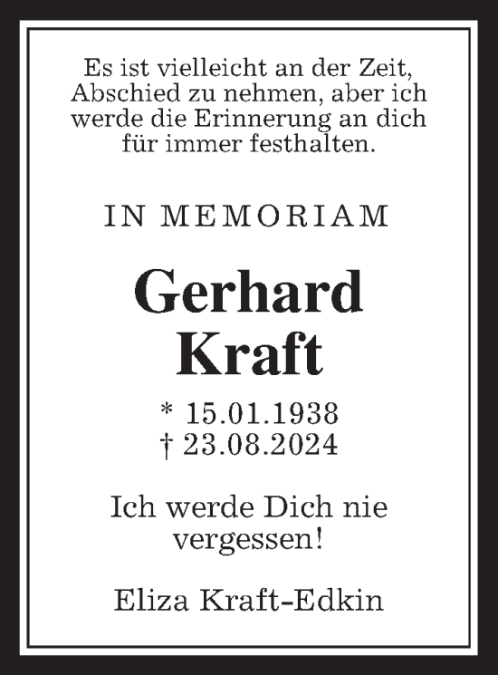 Traueranzeige von Gerhard Kraft von Wetterauer Zeitung