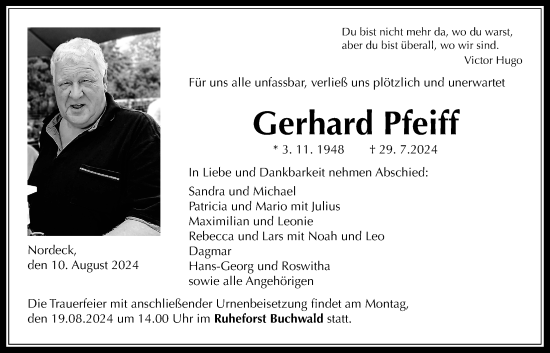 Traueranzeige von Gerhard Pfeiff von Giessener Allgemeine, Alsfelder Allgemeine, Allendorfer Mitteilungen