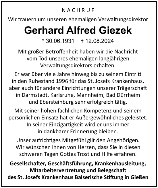 Traueranzeige von Gerhard Alfred Giezek von Giessener Anzeiger, Giessener Allgemeine, Alsfelder Allgemeine