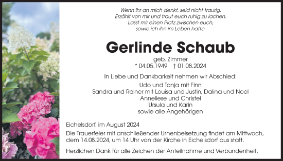 Traueranzeige von Gerlinde Schaub von Kreis-Anzeiger