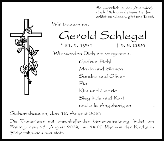 Traueranzeige von Gerold Schlegel von Giessener Anzeiger