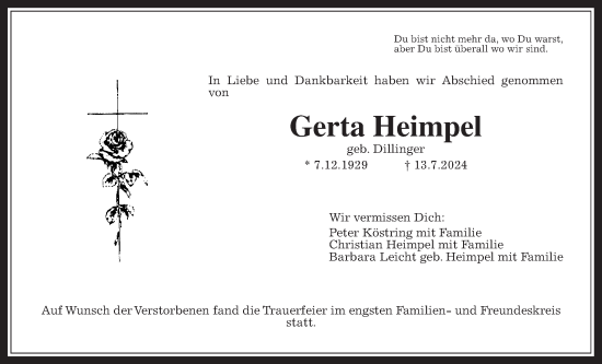 Traueranzeige von Gerta Heimpel von Wetterauer Zeitung
