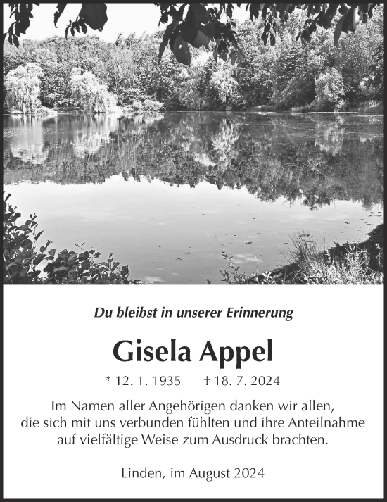 Traueranzeige von Gisela Appel von Giessener Allgemeine, Alsfelder Allgemeine, Giessener Anzeiger