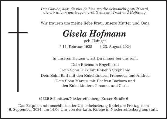 Traueranzeige von Gisela Hofmann von Usinger Anzeigenblatt