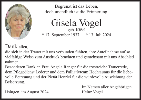 Traueranzeige von Gisela Vogel von Usinger Anzeiger