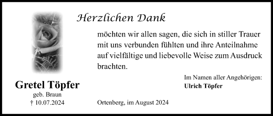 Traueranzeige von Gretel Töpfer von Kreis-Anzeiger