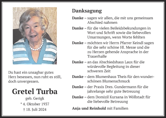 Traueranzeige von Gretel Turba von Wetterauer Zeitung