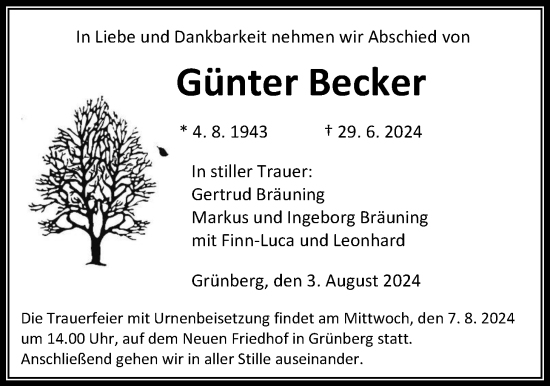 Traueranzeige von Günter Becker von Giessener Anzeiger