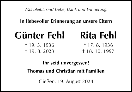 Traueranzeige von Günter Fehl von Giessener Anzeiger, Giessener Allgemeine, Alsfelder Allgemeine