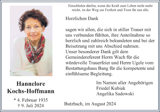 Traueranzeige von Hannelore Kochs-Hoffmann von Butzbacher Zeitung
