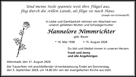 Traueranzeige von Hannelore Nimmrichter von Kreis-Anzeiger, Wetterauer Zeitung