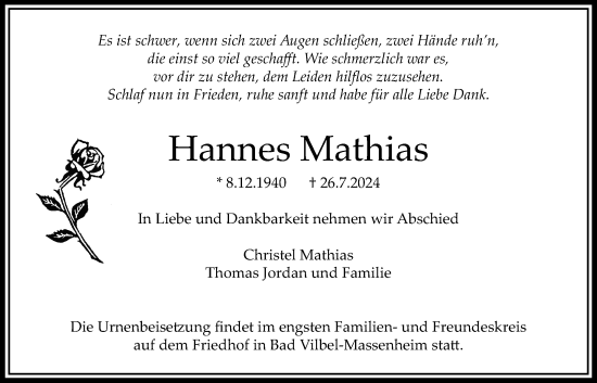 Traueranzeige von Hannes Mathias von Bad Vilbel/Karben