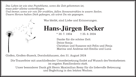 Traueranzeige von Hans-Jürgen Becker von Giessener Allgemeine, Alsfelder Allgemeine, Giessener Anzeiger