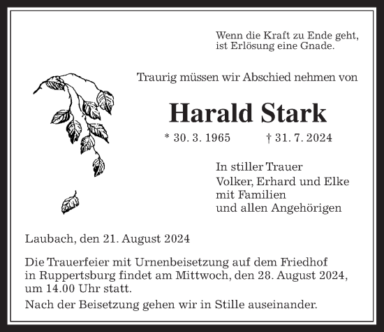 Traueranzeige von Harald Stark von Laubacher Anzeiger
