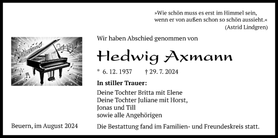 Traueranzeige von Hedwig Axmann von Giessener Anzeiger