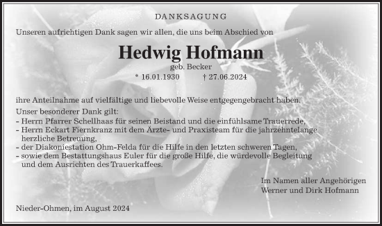 Traueranzeige von Hedwig Hofmann von Mücker Stimme, Giessener Allgemeine, Alsfelder Allgemeine