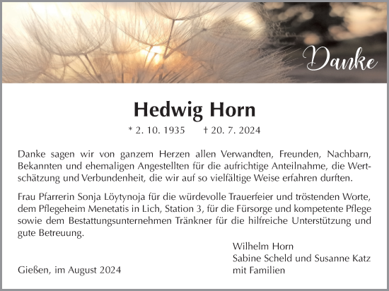 Traueranzeige von Hedwig Horn von Giessener Anzeiger, Giessener Allgemeine, Alsfelder Allgemeine