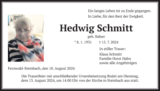 Traueranzeige von Hedwig Schmitt von Giessener Anzeiger, Giessener Allgemeine, Alsfelder Allgemeine