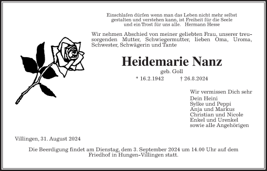 Traueranzeige von Heidemarie Nanz von Giessener Allgemeine, Alsfelder Allgemeine