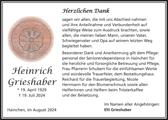 Traueranzeige von Heinrich Grieshaber von Kreis-Anzeiger
