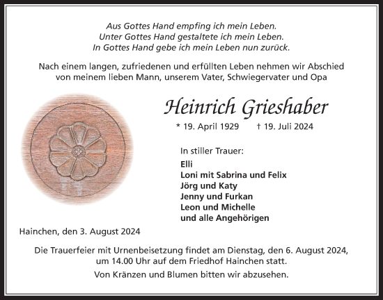 Traueranzeige von Heinrich Grieshaber von Kreis-Anzeiger