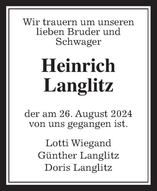 Traueranzeige von Heinrich Langlitz von Kreis-Anzeiger