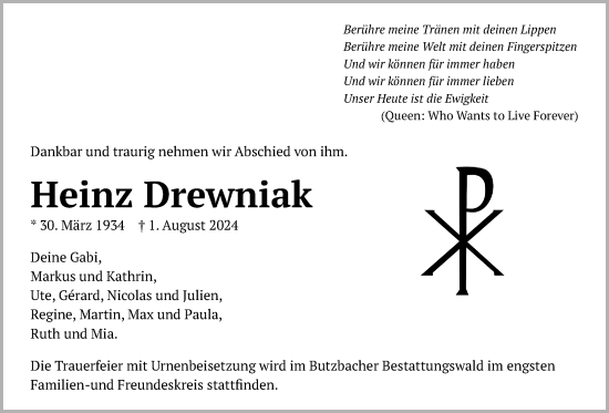 Traueranzeige von Heinz Drewniak von Butzbacher Zeitung