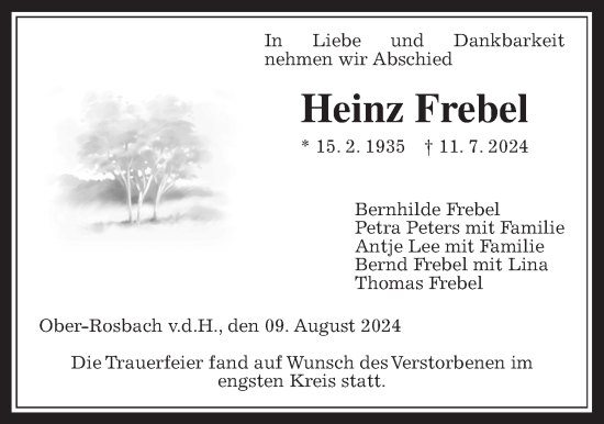 Traueranzeige von Heinz Frebel von Wetterauer Zeitung