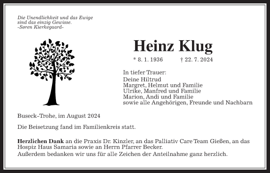 Traueranzeige von Heinz Klug von Giessener Allgemeine, Alsfelder Allgemeine