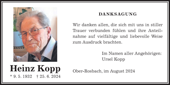 Traueranzeige von Heinz Kopp von Wetterauer Zeitung