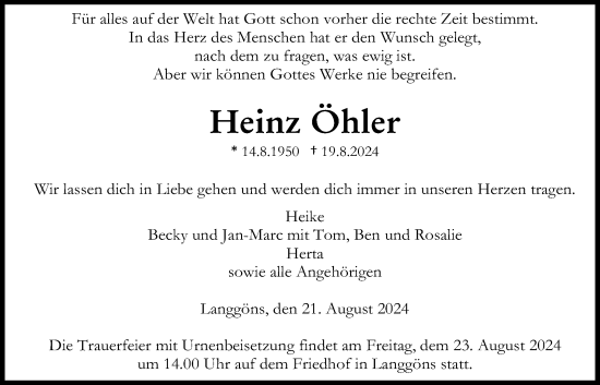Traueranzeige von Heinz Öhler von Giessener Anzeiger, Giessener Allgemeine, Alsfelder Allgemeine