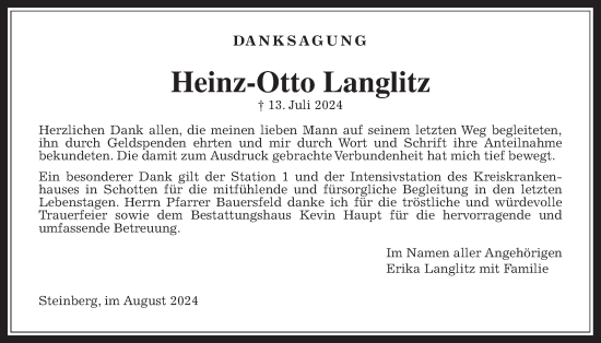 Traueranzeige von Heinz-Otto Langlitz von Kreis-Anzeiger