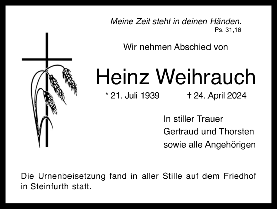 Traueranzeige von Heinz Weihrauch von Wetterauer Zeitung