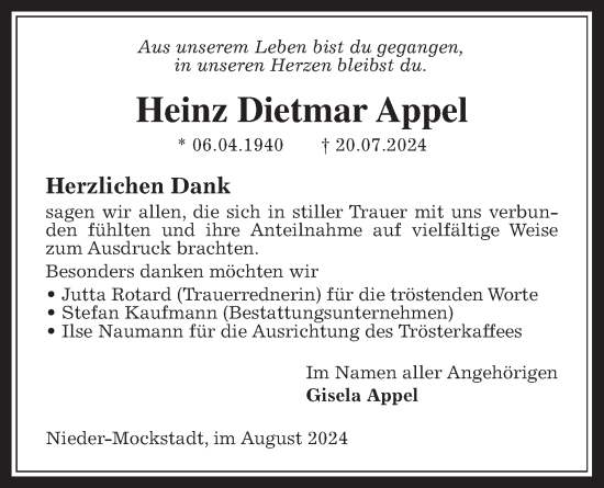 Traueranzeige von Heinz Dietmar Appel von Kreis-Anzeiger