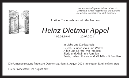 Traueranzeige von Heinz Dietmar Appel von Kreis-Anzeiger