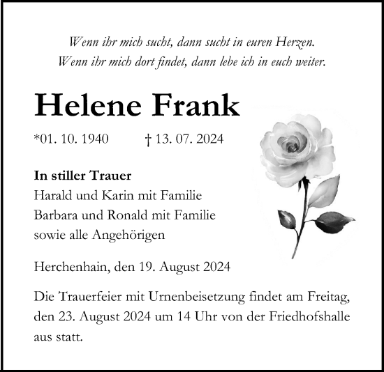 Traueranzeige von Helene Frank von Lauterbacher Anzeiger
