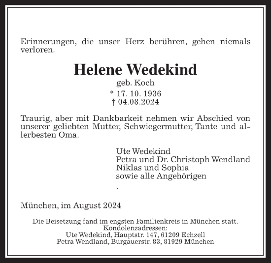 Traueranzeige von Helene Wedekind von Wetterauer Zeitung, Giessener Allgemeine, Alsfelder Allgemeine